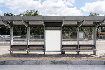 Billboard with white empty canvas on bus shelters