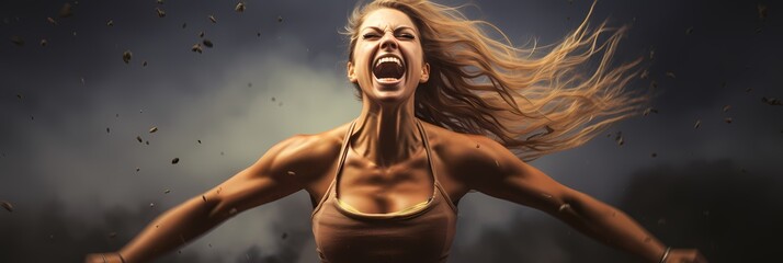 a woman screaming with joy after achieving her goals, challenge, success, - obrazy, fototapety, plakaty