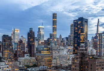 Aerial View of New York city skyline shot at twilight