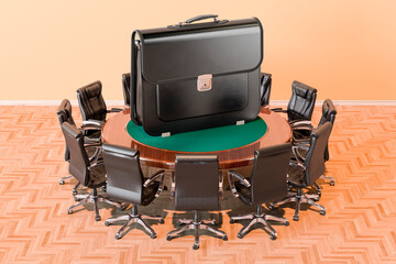 Round table with briefcase and armchairs around, 3D rendering