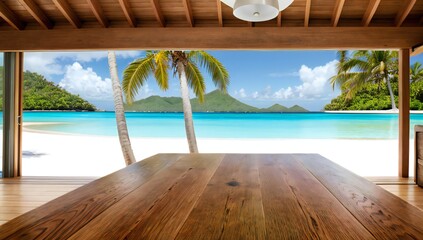 Wooden table for displaying items with beach and palm trees and island at tropical resort with light in the background - AI-Generated
