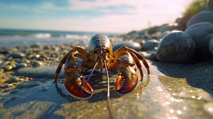 Close-up of a lobster on the beach - obrazy, fototapety, plakaty