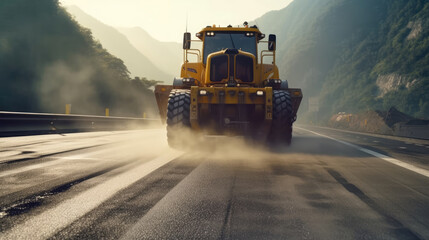 Close-up of a steam roller in action, laying a fresh asphalt surface for the road