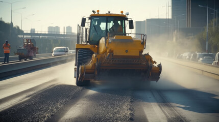 Close-up of a steam roller in action, laying a fresh asphalt surface for the road