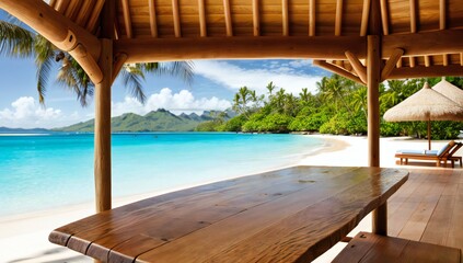 Long wooden table for displaying items with beach and palm trees and island at tropical resort in the background - AI-Generated