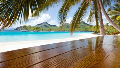 Slanted wooden table for displaying items with beach and palm trees and island at tropical resort in the background - AI-Generated