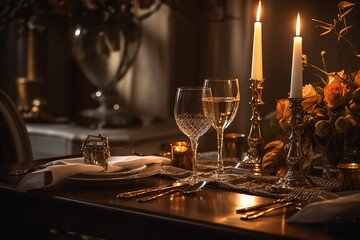 Elegant table setting with candles in restaurant. Selective focus. Romantic dinner setting with candles on table in restaurant.