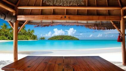 Wooden table for displaying items with beach and palm trees and island at tropical resort in the background - AI-Generated
