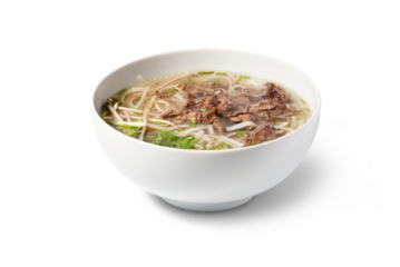 Pho soup with chicken in a bowl. The image is fully sharp, front to back. Clipping path.