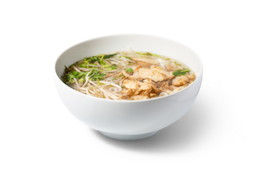 Pho soup with chicken in a bowl. The image is fully sharp, front to back. Clipping path.