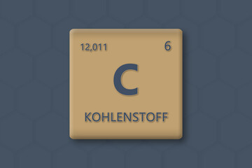 Kohlenstoff. Abkuerzung: C. Chemisches Element des Periodensystems. Blauer Text innerhalb eines goldenen Rechtecks auf blauem Hintergrund.
