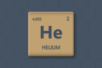 Helium. Abkuerzung: He. Chemisches Element des Periodensystems. Blauer Text innerhalb eines goldenen Rechtecks auf blauem Hintergrund.