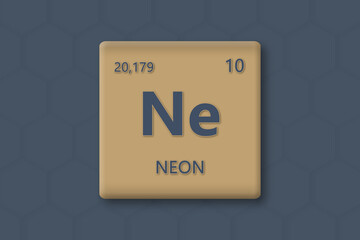 Neon. Abkuerzung: Ne. Chemisches Element des Periodensystems. Blauer Text innerhalb eines goldenen Rechtecks auf blauem Hintergrund.