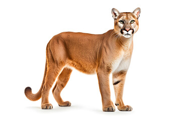 Puma isolated on a white background. Animal right side view portrait.