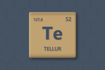 Tellur. Abkuerzung: Te. Chemisches Element des Periodensystems. Blauer Text innerhalb eines goldenen Rechtecks auf blauem Hintergrund.