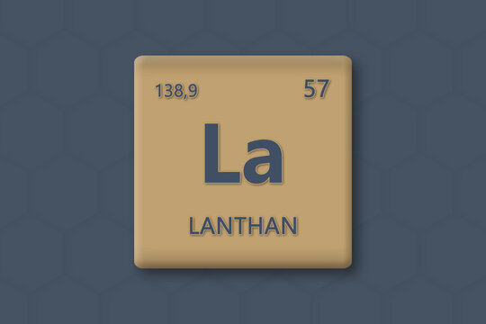 Lanthan. Abkuerzung: La. Chemisches Element des Periodensystems. Blauer Text innerhalb eines goldenen Rechtecks auf blauem Hintergrund.