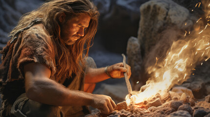 neanderthal - caveman - prehistory - chipped stone - bonfire - hunter - bonfire - rupestrian - Created with Generative AI technology.