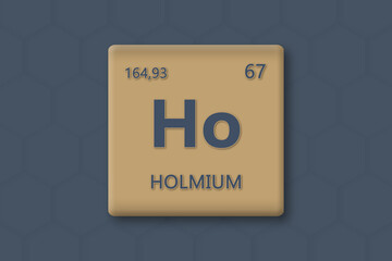 Holmium. Abkuerzung: Ho. Chemisches Element des Periodensystems. Blauer Text innerhalb eines goldenen Rechtecks auf blauem Hintergrund.