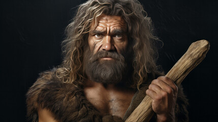neanderthal - caveman - prehistory - chipped stone - bonfire - hunter - Created with Generative AI technology. - obrazy, fototapety, plakaty