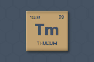 Thulium. Abkuerzung: Tm. Chemisches Element des Periodensystems. Blauer Text innerhalb eines goldenen Rechtecks auf blauem Hintergrund.