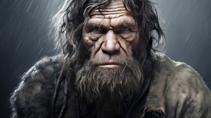 neanderthal - caveman - prehistory - chipped stone - bonfire - hunter  - obrazy, fototapety, plakaty