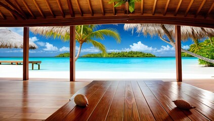 Wooden table with beach and palm trees and island  in the background - AI-Generated