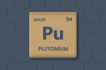 Plutonium. Abkuerzung: Pu. Chemisches Element des Periodensystems. Blauer Text innerhalb eines goldenen Rechtecks auf blauem Hintergrund.