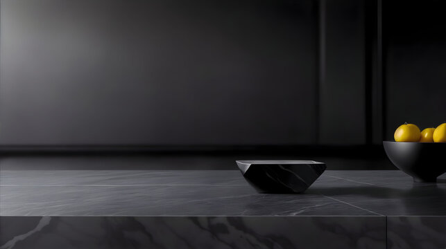 Black Marble table with a blurred black wall background, for product display. High Quality Render.
