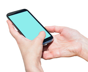 Hand holding mobile smart phone with blank pink, yellow, blue screen. Isolated on transparent without shadow. PNG