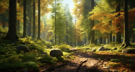 serene forest landscape with majestic trees and rugged rocks