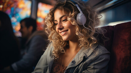 A beautiful woman is watching a movie on her tablet on the bus. Generative AI