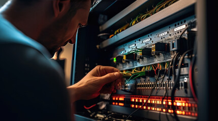 Close-up view of an IT technician's hand skillfully putting an optical fiber cable into the back panel of a server cabinet - obrazy, fototapety, plakaty