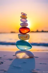  colored Stones balance on beach, sunrise shot © IKARTS