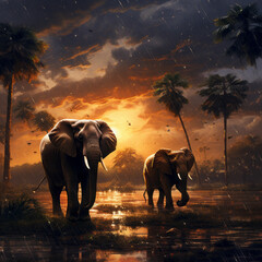 Elephants Walking Together in the Heat of Africa. Created Using Generative AI