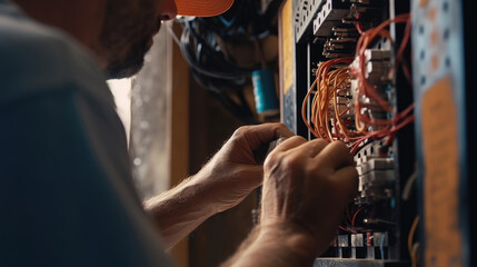 An electrician working diligently on an electrical wiring unit