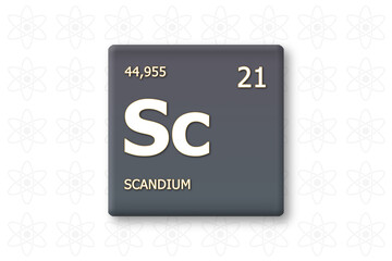 Scandium. Abkuerzung: Sc. Chemisches Element des Periodensystems. Weisser Text innerhalb eines grauen Rechtecks auf weissem Hintergrund.