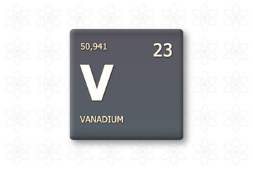 Vanadium. Abkuerzung: V. Chemisches Element des Periodensystems. Weisser Text innerhalb eines grauen Rechtecks auf weissem Hintergrund.