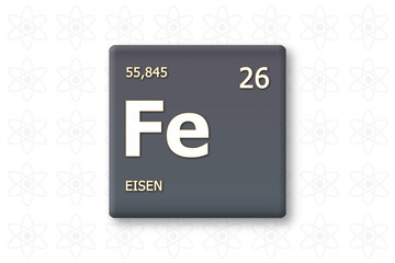 Eisen. Abkuerzung: Fe. Chemisches Element des Periodensystems. Weisser Text innerhalb eines grauen Rechtecks auf weissem Hintergrund.