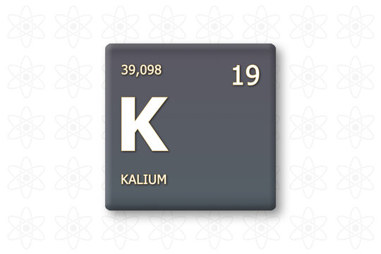 Kalium. Abkuerzung: K. Chemisches Element des Periodensystems. Weisser Text innerhalb eines grauen Rechtecks auf weissem Hintergrund.