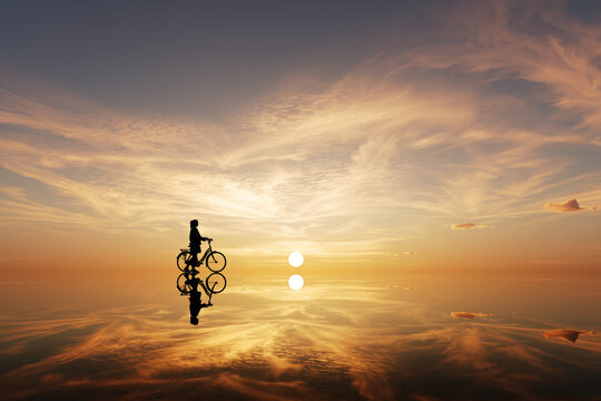 Woman walks with her bicycle, on a journey unknown to us. In the image a salt desert during an illuminated sunset. 3d rendered