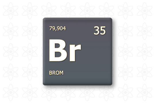 Brom. Abkuerzung: Br. Chemisches Element des Periodensystems. Weisser Text innerhalb eines grauen Rechtecks auf weissem Hintergrund.