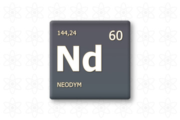 Neodym. Abkuerzung: Nd. Chemisches Element des Periodensystems. Weisser Text innerhalb eines grauen Rechtecks auf weissem Hintergrund.