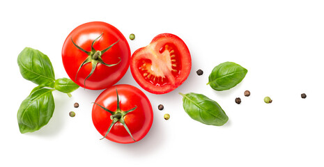 food, cooking, diet or garden design element made of ripe whole and sliced tomatoes, basil leaves and black and green pepper corns isolated over a transparent background, cut-out herbs and vegetables - obrazy, fototapety, plakaty