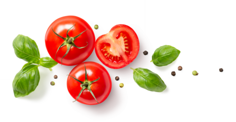 food, cooking, diet or garden design element made of ripe whole and sliced tomatoes, basil leaves and black and green pepper corns isolated over a transparent background, cut-out herbs and vegetables