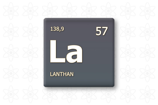 Lanthan. Abkuerzung: La. Chemisches Element des Periodensystems. Weisser Text innerhalb eines grauen Rechtecks auf weissem Hintergrund.