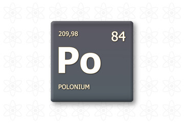 Polonium. Abkuerzung: Po. Chemisches Element des Periodensystems. Weisser Text innerhalb eines grauen Rechtecks auf weissem Hintergrund.