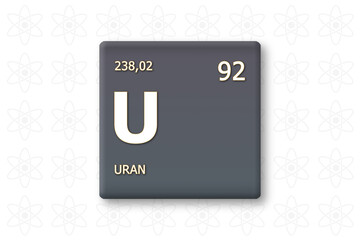 Uran. Abkuerzung: U. Chemisches Element des Periodensystems. Weisser Text innerhalb eines grauen Rechtecks auf weissem Hintergrund. © lhphotos