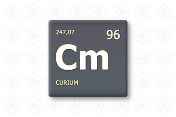 Curium. Abkuerzung: Cm. Chemisches Element des Periodensystems. Weisser Text innerhalb eines grauen Rechtecks auf weissem Hintergrund.