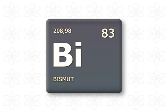 Bismut. Abkuerzung: Bi. Chemisches Element des Periodensystems. Weisser Text innerhalb eines grauen Rechtecks auf weissem Hintergrund.