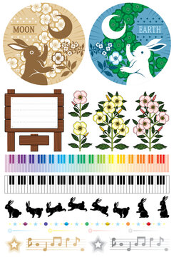 ウサギのイラスト月と地球デザイン「Moon Earth Music」白背景
（Rabbit illustration moon and earth design "Moon Earth Music" white background）